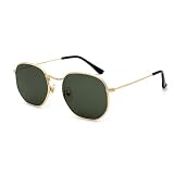 ASYHV Mode Polygonale Sonnenbrille für Damen Herren, UV400 Schutz Leichtes Metalltemple, Ideal für Autofahren Angeln Outdoor Fashion (Gold/Dunkelgrün)