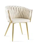 BETTSO - Larissa - Polsterstuhl - mit geflochtener/gewebter Rückenlehne - Velours/Samt - Goldene Metallbeine - Bürostuhl - Schminktisch - Esszimmer - Samt Beige