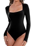 SHAPERIN Damen Bodysuit Langarm Elegant Body Eckiger Ausschnitt Langarmshirt Bodies T-Shirts Oberteil Unterziehbody, Schwarz, S