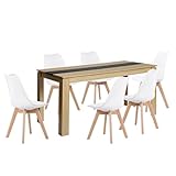 FURNITABLE Esstisch mit 6 Stühlen Esszimmergruppe, 6er Set Esszimmerstühle und 160CM Rechteckig Holztisch Essgruppe für Wohnzimmer Küche Büro (Eiche-Schwarz Tisch+6 Weiß Stühle)