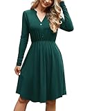 Florboom Damen Herbst Kerbe V-Ausschnitt Midikleid Langarm Kleider, Swing Lässig A-Linie Freizeitkleid (Grün, S)