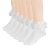 Yolev 3 Paar Rüschen Socken Mädchen Spitzen Söckchen Weiße Prinzessin Socken Bequeme Mode Baumwoll Socken für 4-8 Jahre Mädchen