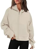 Timuspo Kapuzenjacke Damen Oversize Einfarbig 90er Sweatjacke mit Reissverschluss und Daumenlöchern Zip Up Hoodie Y2k Oberteile Beige L