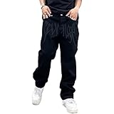 Baggy Jeans Bedruckt Herren Jeans Men Hip Hop Jeans Baggy Jeanshose Teenager Jungen Bein Jeans Skateboard Hose Streetwear (Color : Black, Size : M)