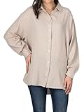 DENIMFY Musseline Bluse Damen Oversized DFMathilda Hemdbluse Sommer Langarm Knopfleiste Einfarbig 100% Baumwolle Beige M-L, Größe:M/L, Farben:Light Sand