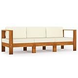 vidaXL Akazienholz Massiv Gartensofa 3-Sitzer mit Cremeweißen Auflagen Sofa Lounge Mittelsofa Gartenmöbel Loungesofa Couch Terrasse Garten
