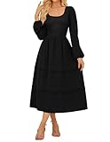 Langarm Strickkleid für Damen Elegantes A-Linien Kleid Rundhalskleid mit Taschen Schwarz XL