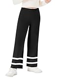 Haloumoning Mädchen Hose Freizeit Locker Strickhose Rippstrick Hose Einfarbig Oversized Breite Beine Freizeithose Schwarz, 8-10 Jahre