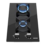 WEHIMO Gaskochfeld 2 Flammig, Glas Einbau-Gaskochfeld, 30cm, 3700W, 2 Kochzonen (2700W+1000W), Domino Gaskochfeld für Propangas und Erdgas, Schwarzes Glas, Geeignet für Alle Töpfe