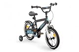 AMIGO Speeder - Kinderfahrrad - 14 Zoll - mit Handbremse, Rücktritt, Lenkerpolster und Stützräder - ab 4-5 Jahre - Schwarz/Blau