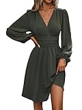 LIAMERHE Damen Elegant Kleid Langarm V-Ausschnitt Casual Kleider A-Linie Winterkleider Blumenmuster Minikleid Freizeitkleider Herbst Winter Laternenärmeln Kleid Partykleid Grün M