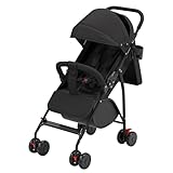 Buggy für Babys, ultraleicht, kompakt, faltbar und neigbar, von Geburt bis 25 kg, mit Trolley-System, Regenschutz inklusive, ausziehbarer Haube, C-schwarz