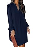 JOCAFIYE Damen V-Ausschnitt Langarm Frühling Herbst Mini Kleid Atmungsaktiv Weiche Haut Freundliche Bequeme Tunika Kleid Blau L
