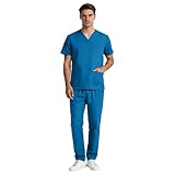 FARYODI Erwachsene Arzt Kostüm, Unisex Chirurg Op Kleidung, Medizinische Schlupfkasack Uniform Blau Set Mit 3 Tasche Oberteil Und Hose, Arzt Kitte Kostüm Herren Chemie Kittel (M)