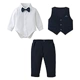 Baby Jungen Bekleidungsset Anzug, Kleinkind Gentleman Langarm Strampler Hemd + Hose + Weste + Fliege Festliche Taufe Hochzeit (Blau, 9-12 Monate)