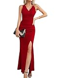 Laughido Cocktailkleid Maxikleid Festliche Partykleid Sommerkleid Damen Wickelkleid Elegant Bodycon Lang Hochzeit Abendkleider (rot, klein)