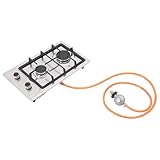 OUKANING Tragbarer Gasherd 2 Brenner, Edelstahl Campingherd mit Druckreduzierventil und Sicherheitsknopf, LPG/NG Einbauherd für Wohnmobil Outdoor Küche, mit Topfgestell und Gasschlauch (Silber)