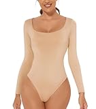 ONEW Damen Langarm Body Eckiger Ausschnitt Bodysuit Oberteil Basic Square Neck Unterziehbody Shirt für Frauen Beige M