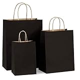 30 Stück Schwarz Papiertüten mit Henkel, HRUISE Groß+Mittel+Klein Papier Geschenktüten, 130GSM kraftpapier, gut für Einkaufstüten,Partytüten,Geschenktüten,Hochzeitstasche - 10 Stück pro Größe