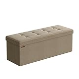 SONGMICS Sitzhocker mit Stauraum, klappbare Sitzbank, 38 x 110 x 38 cm Fußbank, Aufbewahrungsbox, bis 300 kg belastbar, für Wohnzimmer Schlafzimmer Flur, Kamelbraun LSF077R01