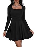 Cicy Bell Damen Kleider Langarm Quadratischer Ausschnitt Partykleid Rüschensaum Korsett Minikleid Geraffte Taille Kleid Kurz Elegant Bodycon Schwarz M