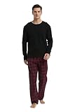 GLOBAL Herren Schlafanzüge Flanell | Herren Pyjama Set Baumwolle | Langarm-Pullover Oberteil und elastische Unterteile mit Kordelzug |Weich Bequem|Schwarzes Top, Rot-Schwarz Karierte Hose L