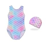 Hawaiianischer Meerjungfrau-Badeanzug für Mädchen - Einteiliger Swimsuit mit Badekappe - Sommer-Badebekleidung für Kids, 110