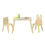 OOOK Kindertisch mit 2 Stühlen, Kinder Tisch Stuhl Set aus Holz, Kindersitzgruppe mit 2 Tier-Sesseln, Sitzgruppe Kinder ab 3 Jahr für Kinderzimmer, Kindergärten