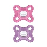 MAM Comfort Schnuller im 2er-Set, besonders kleiner und leichter Baby Schnuller für Früh- & Neugeborene aus 100% Silikon, mit weichem MAM SkinSoft Saugteil & Schnullerbox, 0+ Monate, pink/lila