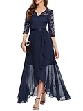 Bbonlinedress Abendkleider Langarm elegant Damen Spitze Chiffon V-Ausschnitt Brautjunferkleid Party Abschlusskleid festliches Ballkleid Navy L