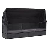 Utiny Sonneninsel Gartensofa Outdoor-Sofabett mit Dach Poly-Rattan Schwarz 205 x 62 x 124 cm Gartensofa Baldachin