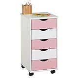 IDIMEX Rollcontainer Lagos, schöner Bürocontainer aus massiver Kiefer weiß/rosa lackiert, praktischer Rollwagen mit 5 Schubladen, rollbarer Schubladencontainer mit 4 Doppelrollen
