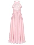iEFiEL Elegant Mädchen Kleid Festlich Spitzen Kommunionskleid konfirmationskleid Lang Chiffon Kleider Neckholder Abendkleid Partykleid Rosa 146-152