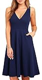 HOMEYEE Damen Elegant V-Ausschnitt Ärmelloses Einfaches Sommer Party Freizeitkleid mit Taschen A293 (M, Marineblau)