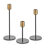 Romadedi Kerzenständer Gold & Schwarz - 3er-Set Hoch Kerzenhalter Unterschiedlicher Größe für Stabkerze Kerzen Metall Vintage Modern Deko Tischdeko für Weihnachten Hochzeit Wohnzimmer, 24/20/14 cm