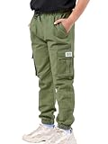 NATUST Jungen Cargohose Kinder Freizeithose Jogginghose Jungs Cargo Hose mit Elastischem Bund Armeegrün 158-164