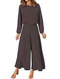 FFANCYINN Damen Sommer Zweiteiliges Outfit Jumpsuit Festlich Hochzeit Lang Hosenanzug Langarm Rundhals Tanktop Gekürzte Weites Bein Hose Playsuit Dunkelbraun XL