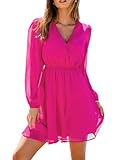 CUPSHE Damen Blumendruck Chiffon A-Linie Minikleid Lange Bauernärmel Elastisches Herbstkleid, hot pink, M