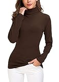 EXCHIC Damen Casual Tailliert Rollkragen Pullover Solide Langarm Elastisch Sweatshirts (M, Kaffee)