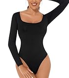 ONEW Damen Langarm Body Eckiger Ausschnitt Bodysuit Oberteil Basic Square Neck Unterziehbody Shirt für Frauen Schwarz M