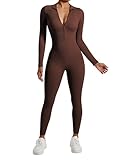 RXRXCOCO Gerippte Langarm Jumpsuits Damen mit Reißverschluss Eng Rundhalsausschnitt Einteiler Bauchweg Sport Yoga Overall Romper Braun M