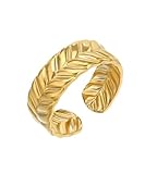 Positiva Jewelry Wasserfester Goldring für Damen aus 18k Edelstahl, Stylisches Feder-Design, Verstellbare Größe und Anlaufsicher, Schmuck Geschenk für Frauen mit Geschenkbox,