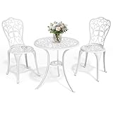 Pamapic Bistro Set 3-teilig, Bistrotisch mit 2 Stühlen & Schirmloch mit Sonnenschirmloch, Aluminium Gartenmöbel Set, Balkonmöbel Set für Terrasse, Veranda, Garten, Weiß