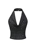 GORGLITTER Sommer Tops Damen Neckholder Top Glitzer Crop Tops Festival Outfit Sexy Party Top Glitzertop Sommermode Drapiertes Oberteil Schwarz M