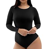 Risipu Damen Langarm Body Shaper Bauchweg Bodysuit Formender Shapewear Damen Bodysuit Rundhals Damenbody Tanga (Schwarz, 2XL)
