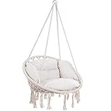 DETEX® Hängesessel bis 150kg Belastbar Boho Stil Wetterfest GS-Zertifiziert Garten 360° Drehbar Creme Hängestuhl Indoor & Outdoor inkl. bequemer Kissen