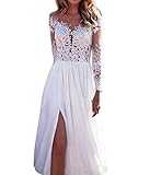Onsoyours Damen V-Ausschnitt Hochzeitskleider Lang Ärmel Spitze Chiffon Boho Brautkleider Weiß 11 S