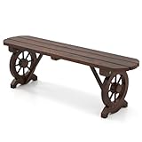 GOPLUS Gartenbank Holz, 2 Sitzer Sitzbank Outdoor, Holzbank wetterfest, Parkbank ohne Rücklehne, bis zu 320kg belastbar, Wagenrad Rahmen, Bank Garten Terrasse Balkon Hof, 120×28×37cm, rustikal