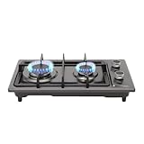 Gaskochfeld 2-Flammig, Gasherd Propan Schwarz 51×31 cm, Einbau Kochfeld Camping, Cooktops mit Düsen für Camping, Balkon & Outdoor-Küche, Piezozündung
