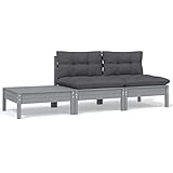 Iiaky 3-TLG. Garten-Lounge-Set mit Kissen Grau Kiefer Massivholz BalkonmöBel Kleiner Balkon Garten Sitzgruppe // 806684